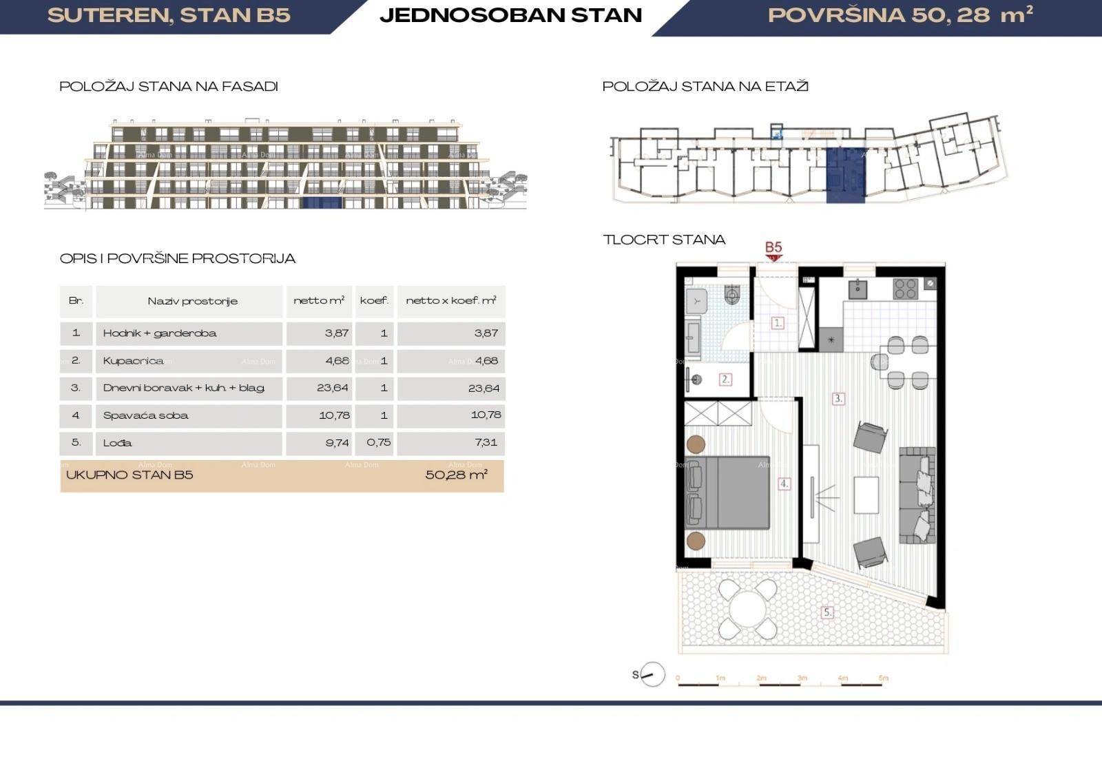 Grundriss eines Einzimmerapartments mit Balkon, Schlafbereich und offenem Wohnbereich.