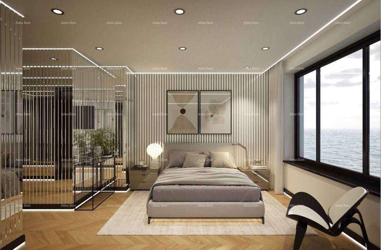 Modernes Schlafzimmer mit Holzboden, stilvoller Einrichtung und Meerblick durch große Fenster.