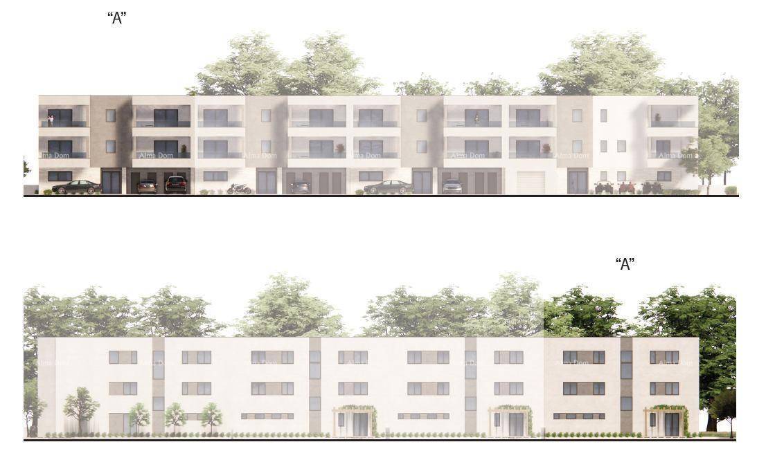 Architektonische Ansicht der Gebäudefassaden mit modernen Balkonen und großen, lichtdurchfluteten Fenstern.