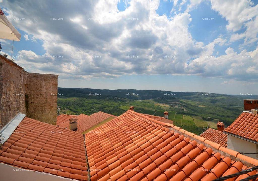 Panoramablick über die Dächer der Stadt und die weite grüne Landschaft unter blauem Himmel.