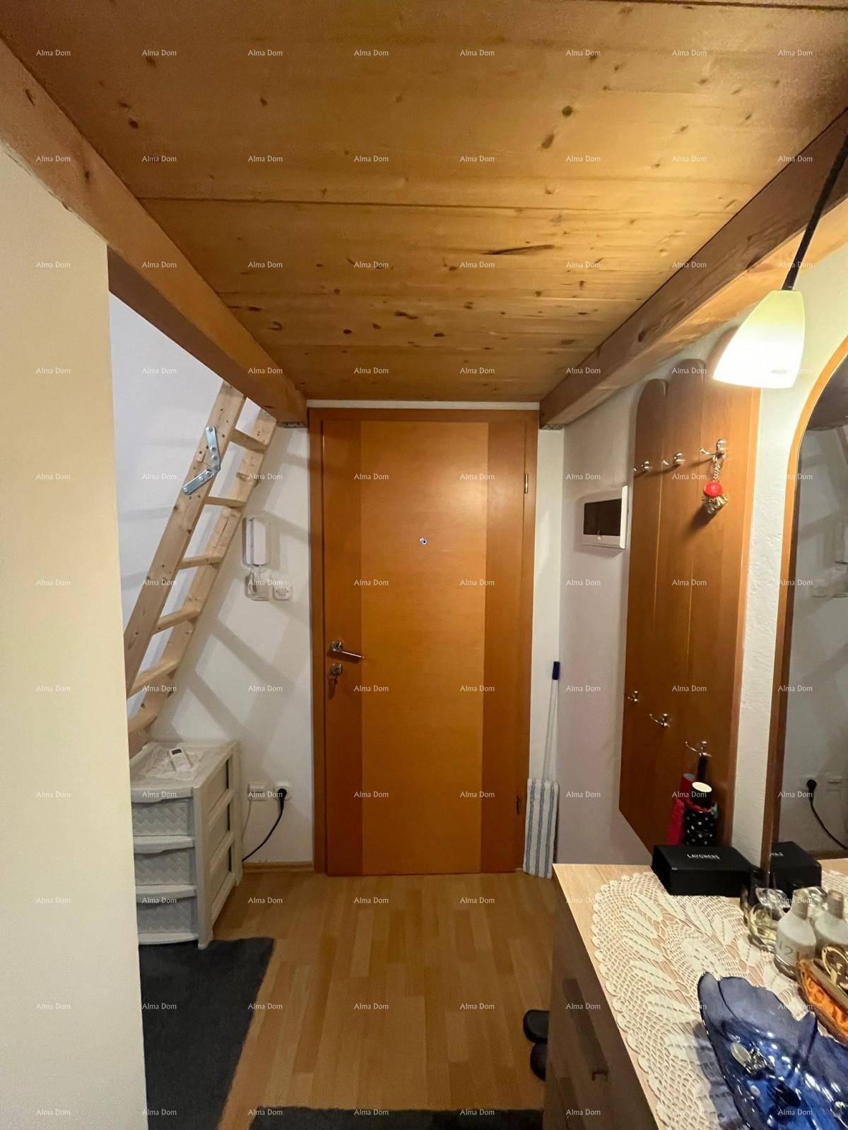Flur mit sichtbaren Holzbalken an der Decke, Holzboden und einer Leiter zum Hochbett.