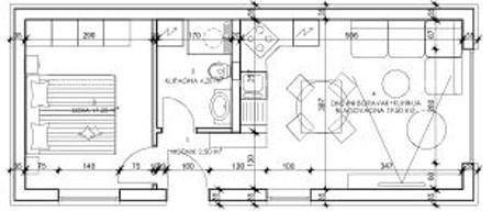 Detaillierter Grundriss einer Wohnung mit Schlafzimmer, Bad und offenem Wohn-Essbereich.
