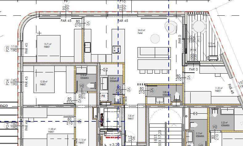Detaillierter Grundriss einer Wohneinheit mit offenem Wohnbereich, Schlafzimmern und Bädern.