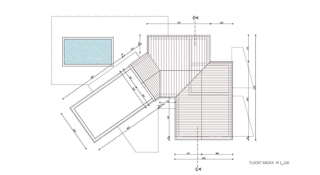 Technischer Grundrissplan des Daches mit Maßen und Struktur.