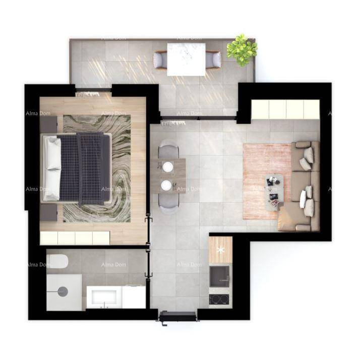 Grundriss einer Wohnung mit Schlafzimmer, Bad, offenem Wohnbereich und Terrasse.