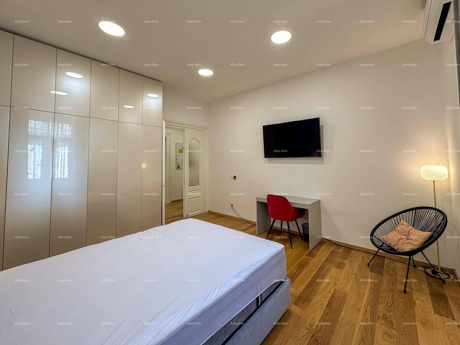 Geräumiges Schlafzimmer mit Holzboden, großem Kleiderschrank und Fernseher, modern eingerichtet.