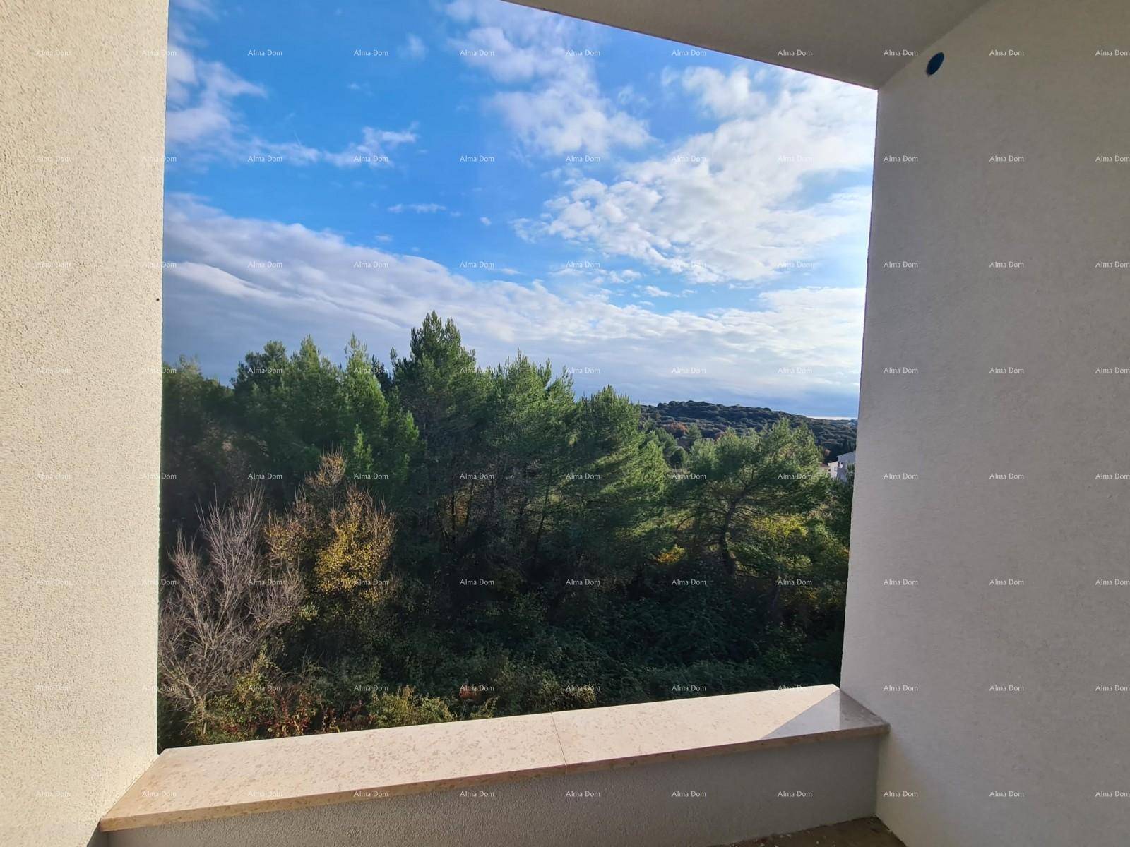 Panoramablick von einem Balkon auf die umliegende Natur und den Horizont.