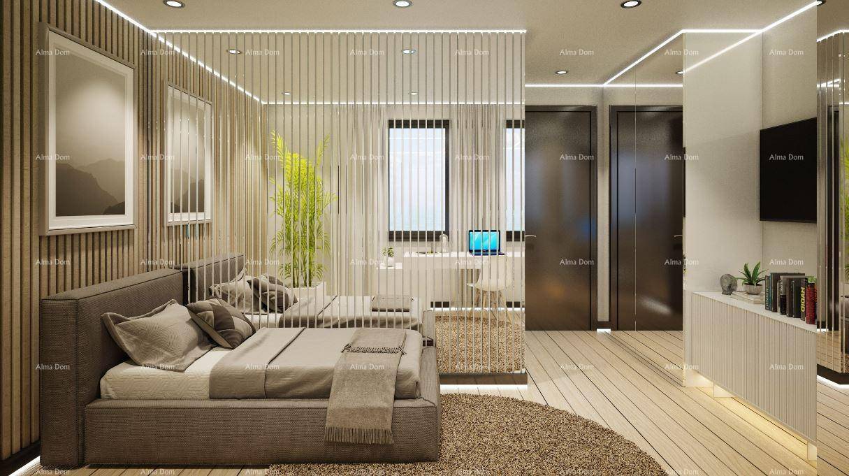 Stilvolles Schlafzimmer mit Doppelbett, Holzvertäfelung und integriertem Spiegelschrank.