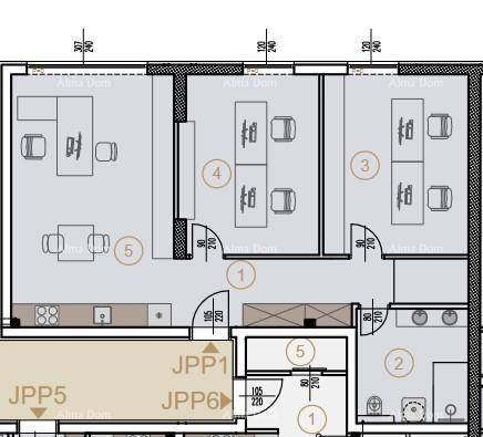 Grundriss eines Bürobereichs mit mehreren Arbeitsplätzen, Teeküche und Sanitäranlagen.