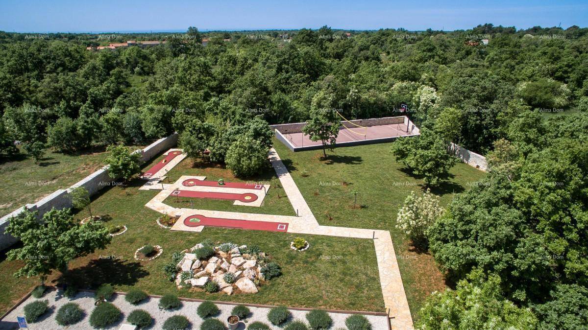 Weitläufiger Gartenbereich mit Minigolfanlage, Volleyballfeld und gepflegten Grünflächen.