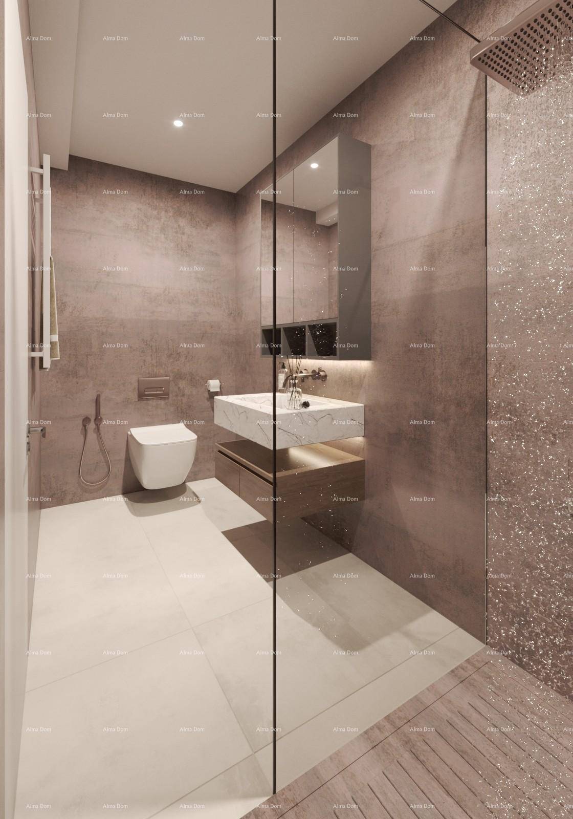 Elegantes Badezimmer mit begehbarer Dusche, Wand-WC und modernem Waschtisch.