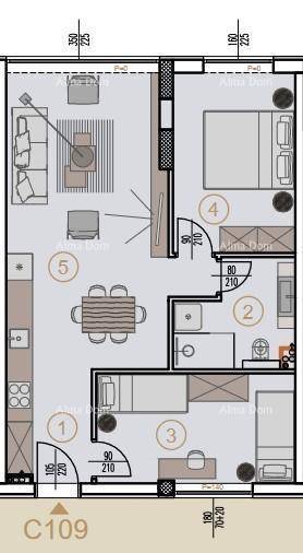 Detaillierter Grundriss der Wohnung C109 mit Raumaufteilung und Möblierungsvorschlägen.