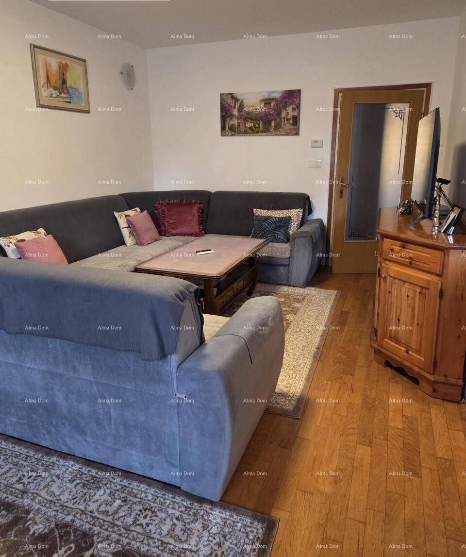 Geräumiges Wohnzimmer mit großem Ecksofa, Holzboden und traditionellem Teppich.