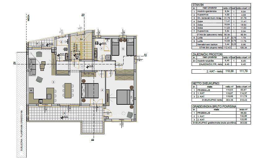 Detaillierter Grundriss mit offener Raumaufteilung, mehreren Schlafzimmern und Loggia.