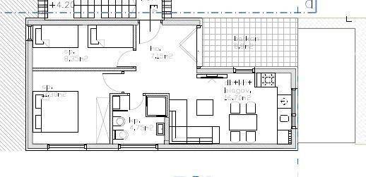 Grundriss einer Wohnung mit zwei Schlafzimmern, offenem Wohnbereich und einer angrenzenden Terrasse.