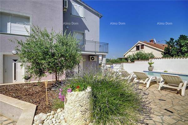 Mediterraner Gartenbereich mit Lavendel, Olivenbaum und Sonnenliegen neben dem Haus.
