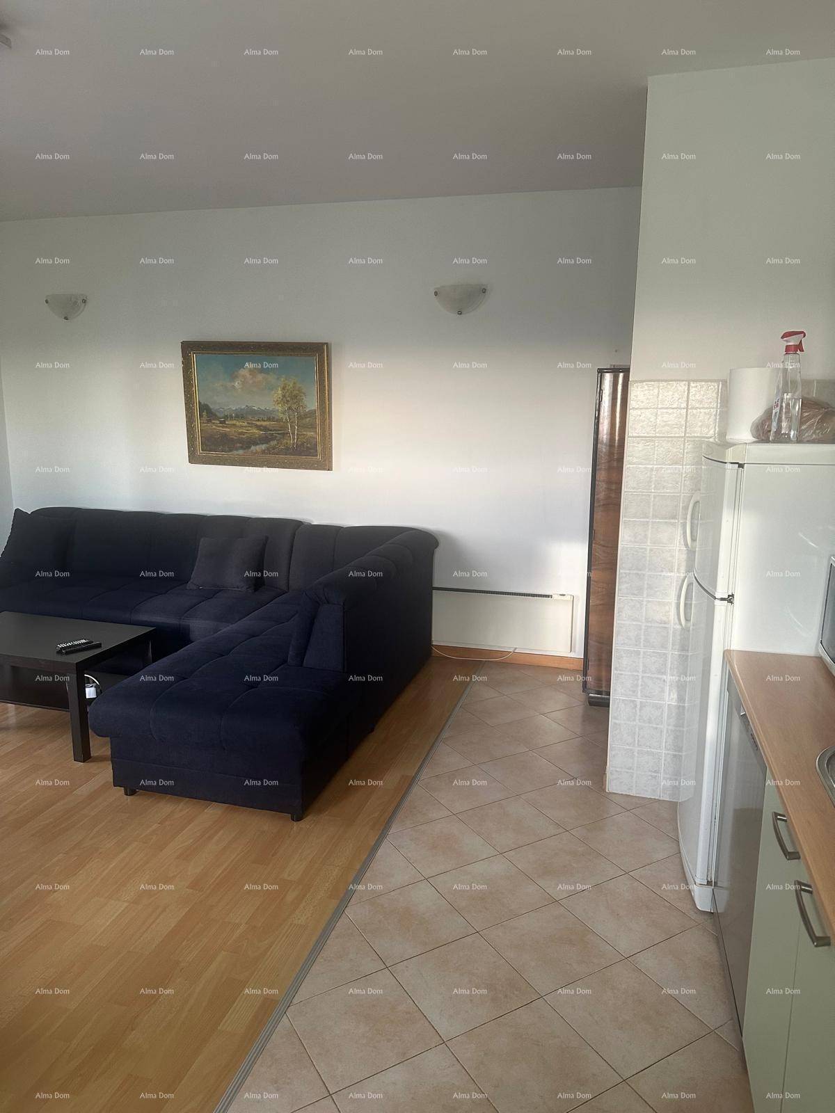 Offener Wohn- und Essbereich mit Sofa, Kühlschrank und Übergang zu Fliesenboden.