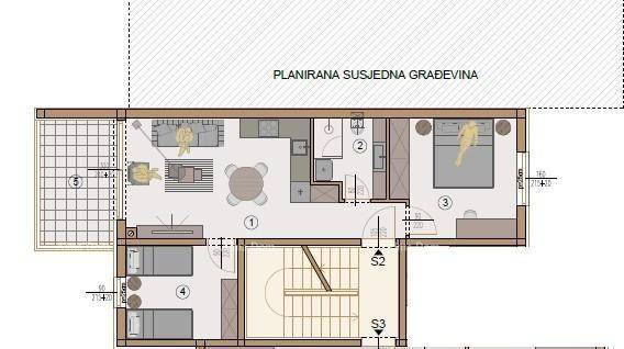 Grundriss einer Wohnung mit offenem Wohnbereich, zwei Schlafzimmern und einer überdachten Terrasse.