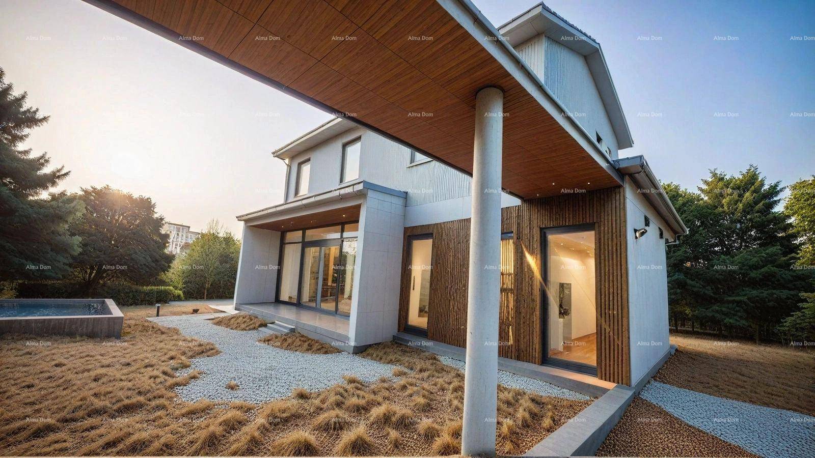 Architektonisch anspruchsvolles Haus mit Holzelementen und minimalistischer Gartengestaltung.