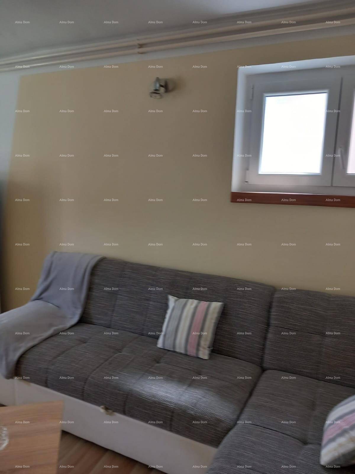 Einfaches Wohnzimmer mit grauem Sofa und beigen Wänden, bietet eine gemütliche Atmosphäre.