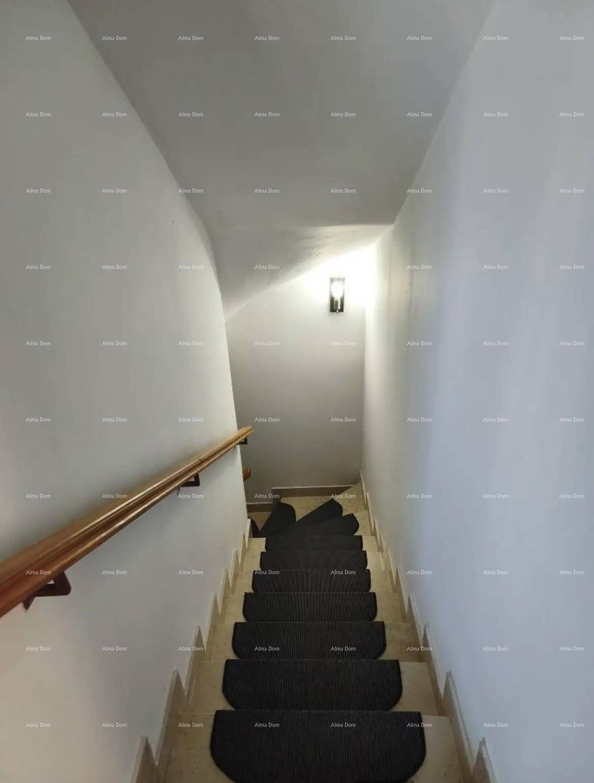 Heller Treppenaufgang mit Holzgeländer und Teppichstufen, verbindet die verschiedenen Etagen des Hauses.
