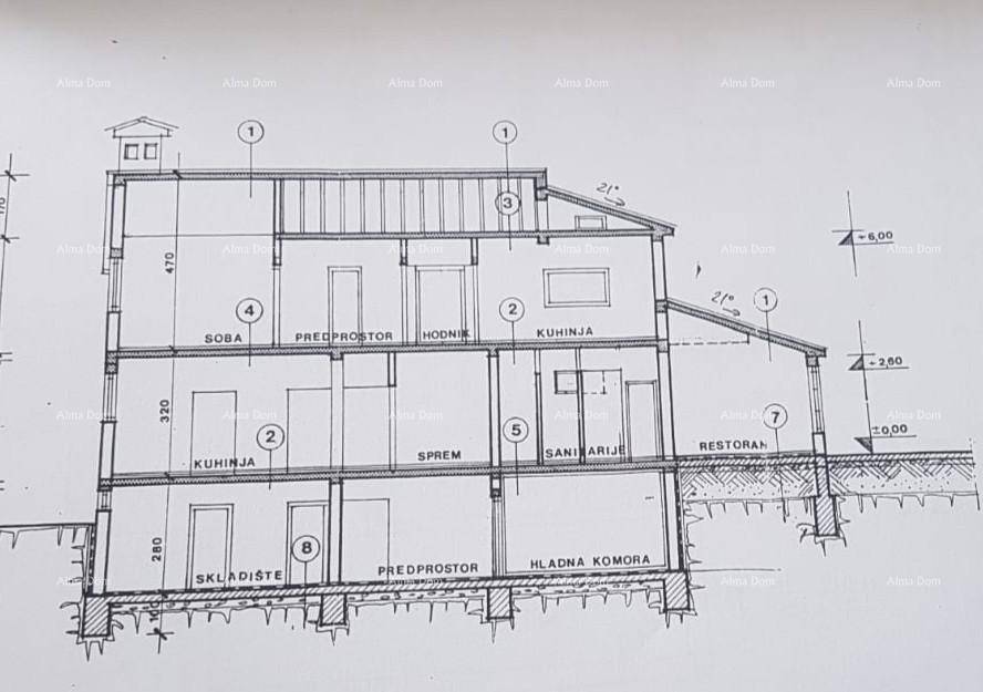 Architektonischer Schnittplan des Hauses mit verschiedenen Ebenen und Raumbezeichnungen.
