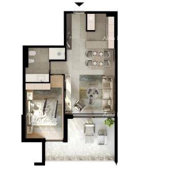 Detaillierter Grundriss einer Wohnung mit Schlafzimmer, Bad, Wohnbereich und Terrasse.