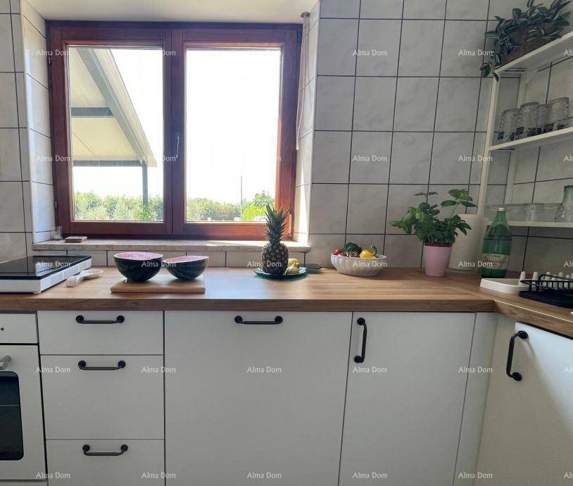 Helle Küche mit weißen Schränken, Holz-Arbeitsplatte und Fenster mit Blick ins Grüne.