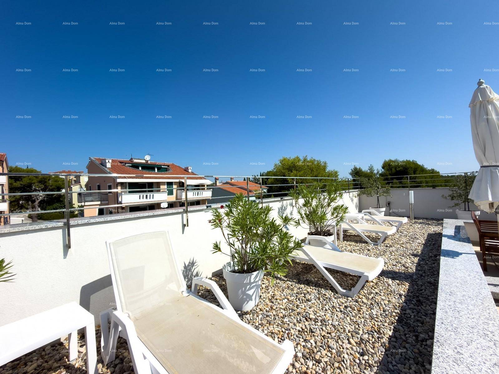 Entspannungsbereich auf der Dachterrasse mit Liegestühlen und dekorativem Kiesboden.