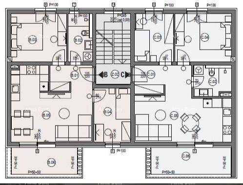 Grundrissplan von zwei Wohnungen mit mehreren Zimmern und Balkonzugang.
