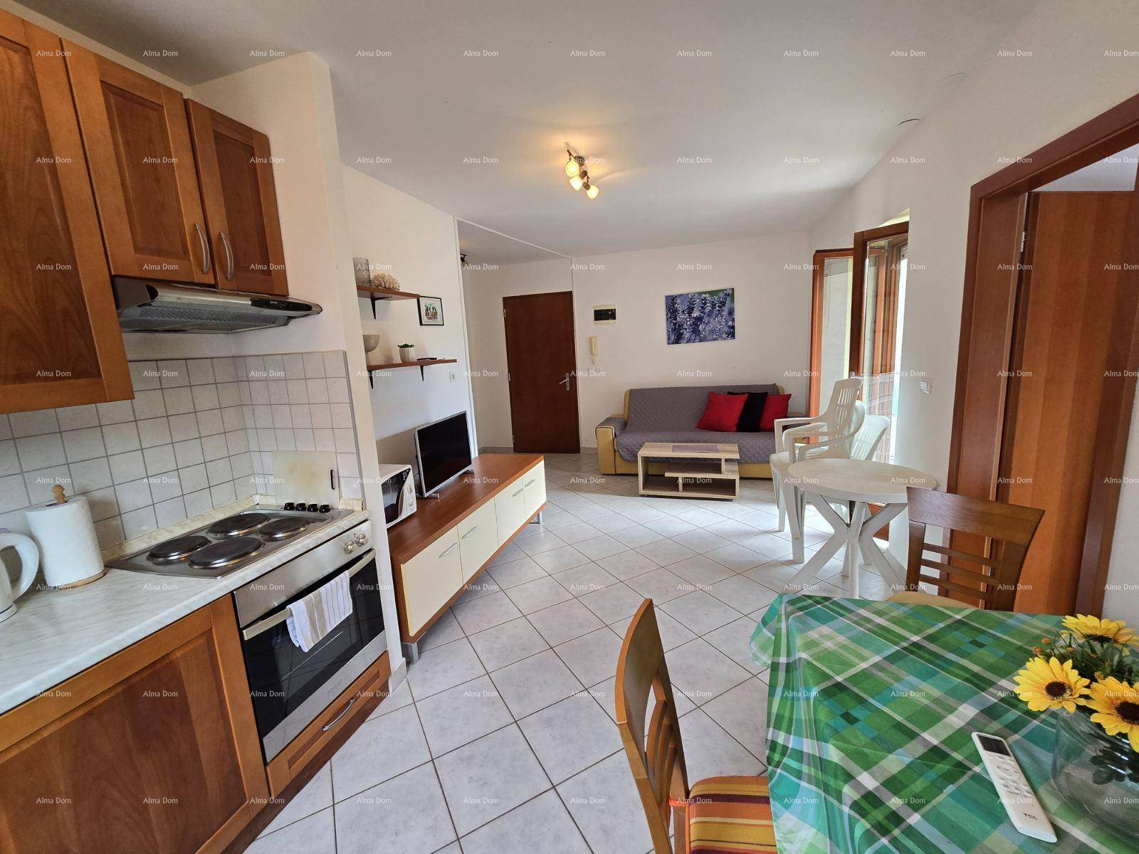 Offener Grundriss verbindet Küche, Essbereich und Wohnzimmer mit Zugang zum Balkon.