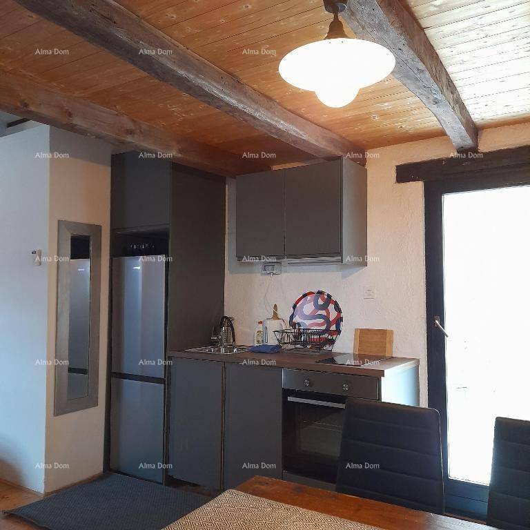 Moderne Küchenzeile mit grauen Schränken, integriertem Kühlschrank und Ofen.