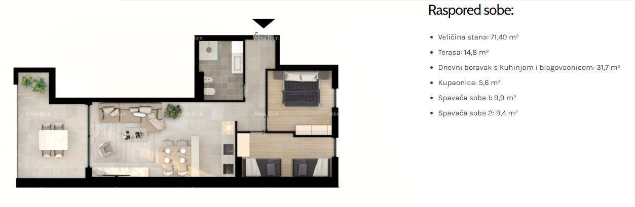 Detaillierter Grundriss einer Wohnung mit offenem Wohnbereich, Schlafzimmern und Terrasse.