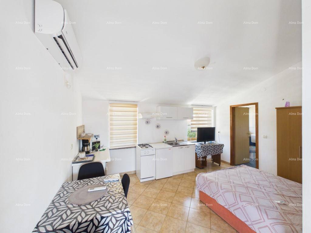 Helles Studio-Apartment mit integrierter Küchenzeile, Essbereich und Schlafgelegenheit, ausgestattet mit Klimaanlage.