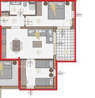 Detaillierter Grundriss einer Wohnung mit drei Schlafzimmern, offenem Wohnbereich und Balkon.