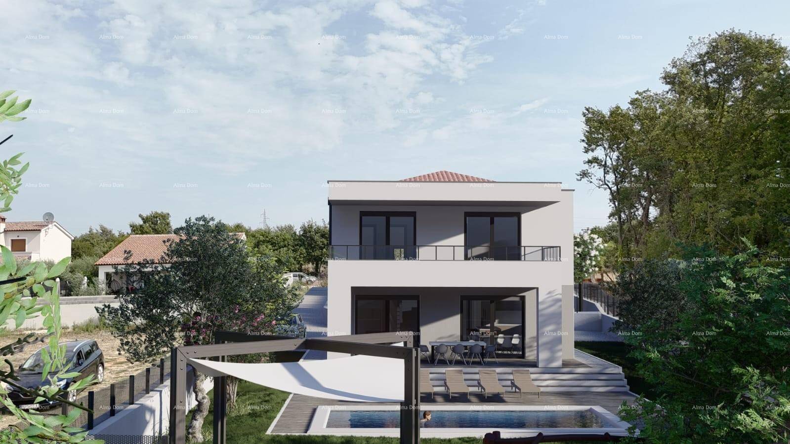 Visualisierung eines modernen Hauses mit Pool, Terrasse und Pergola im Gartenbereich.