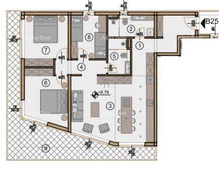 Grundriss einer Wohnung mit drei Schlafzimmern, offenem Wohnbereich und einer Terrasse.
