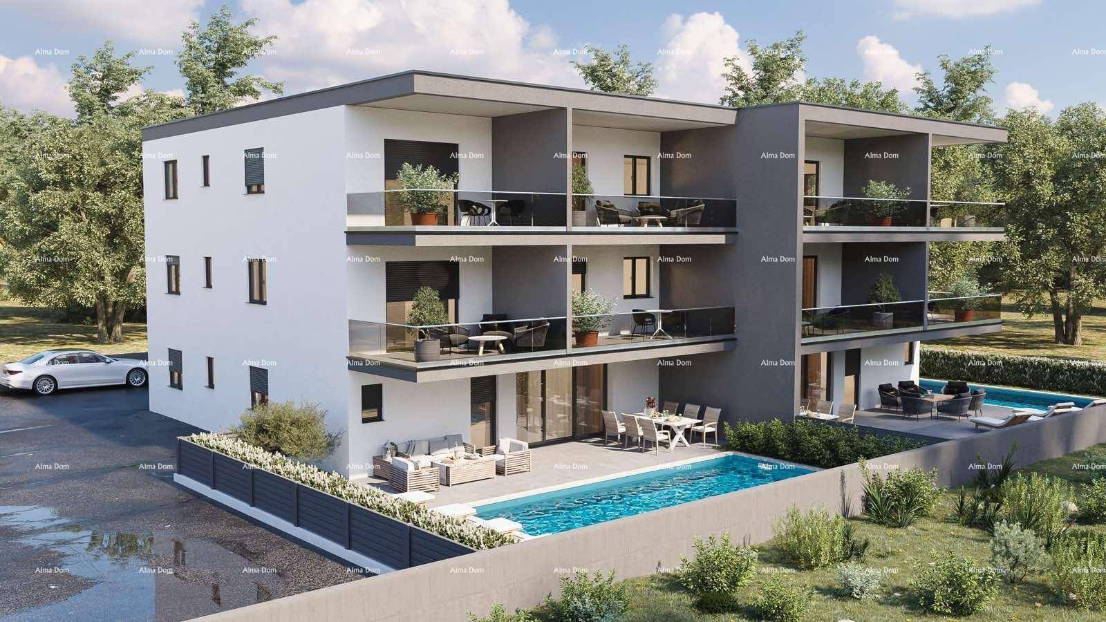 Ansicht der modernen Wohnanlage von einer anderen Perspektive mit Balkonen und Pool.