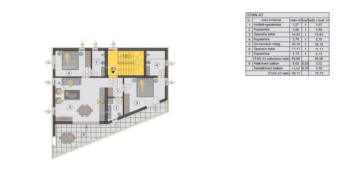 Detaillierter Grundriss der Wohnung A3 mit drei Schlafzimmern und Balkonzugang.