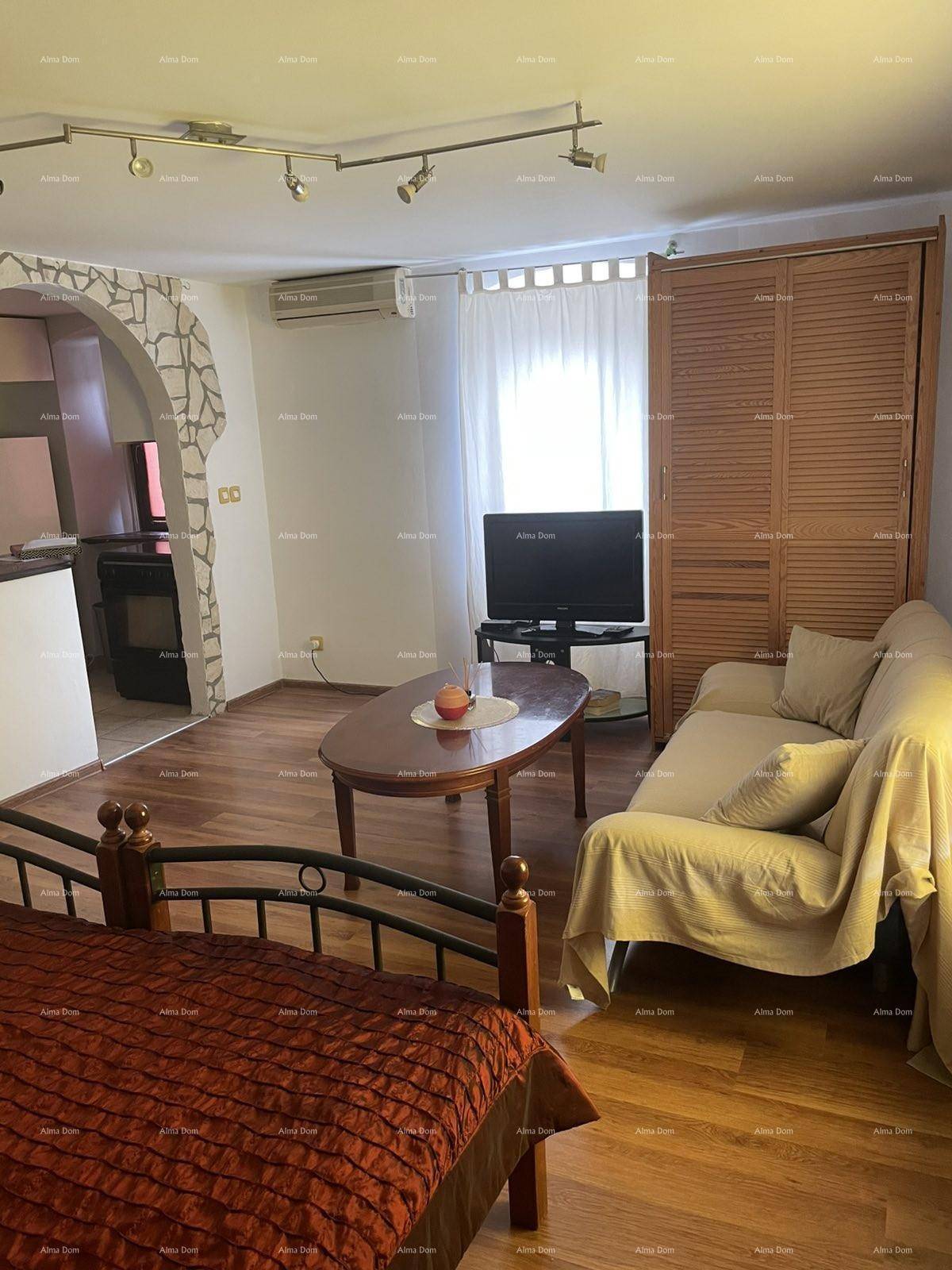 Detailansicht des Wohnbereichs mit Sofa, Couchtisch, Fernseher und dem Bett im Vordergrund.