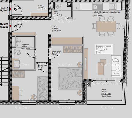 Grundriss einer Wohnung mit offenem Wohnbereich, zwei Schlafzimmern und Terrasse.