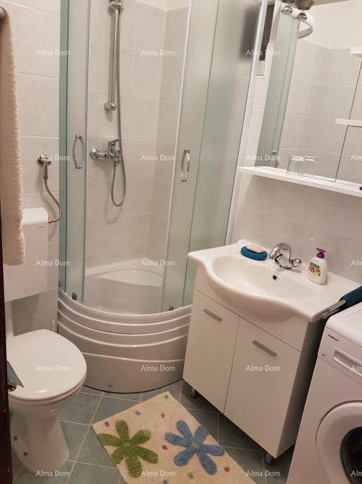 Funktionales Badezimmer mit Duschkabine, WC und Waschbeckenunterschrank.