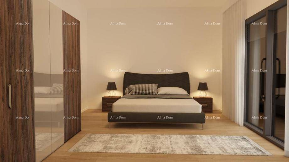 Modernes Schlafzimmer mit Doppelbett, Nachttischen und großem Kleiderschrank.