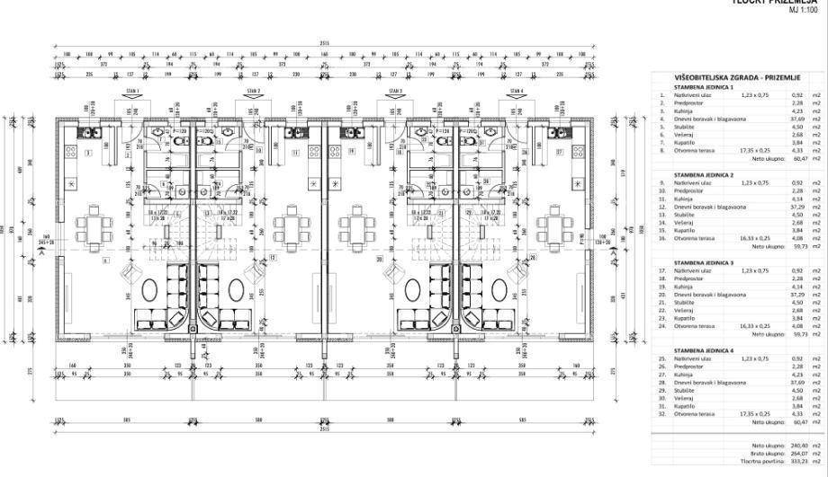 Technischer Grundriss des Erdgeschosses mit Wohn-, Essbereich und Küche für vier Einheiten.