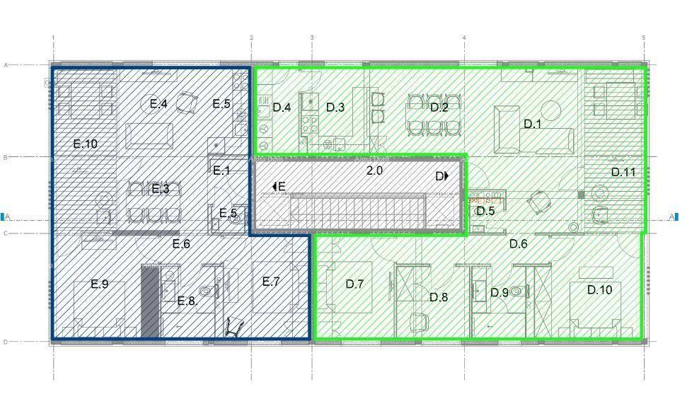 Grundriss einer Wohnung mit offenem Wohnbereich, zwei Schlafzimmern und Loggia.