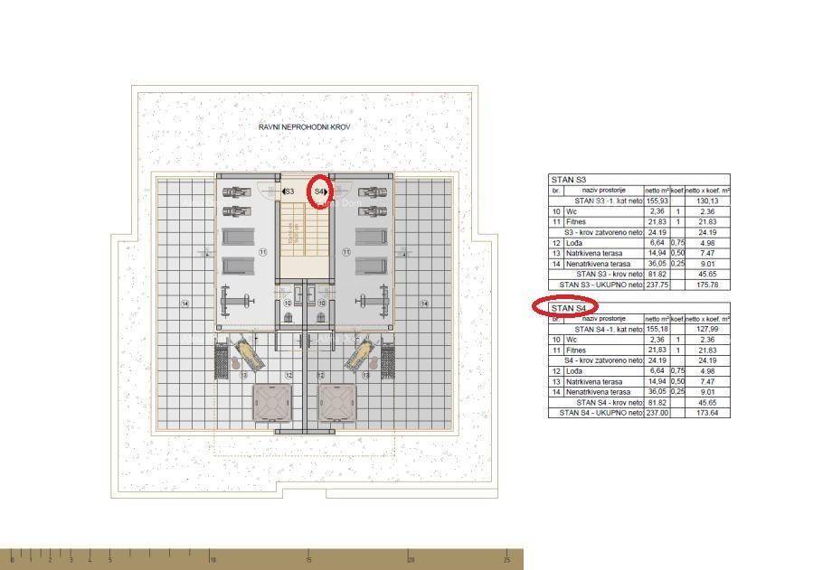 Grundriss des Flachdachs mit Terrassenbereichen und potenziellen Fitnessräumen für zwei Einheiten.