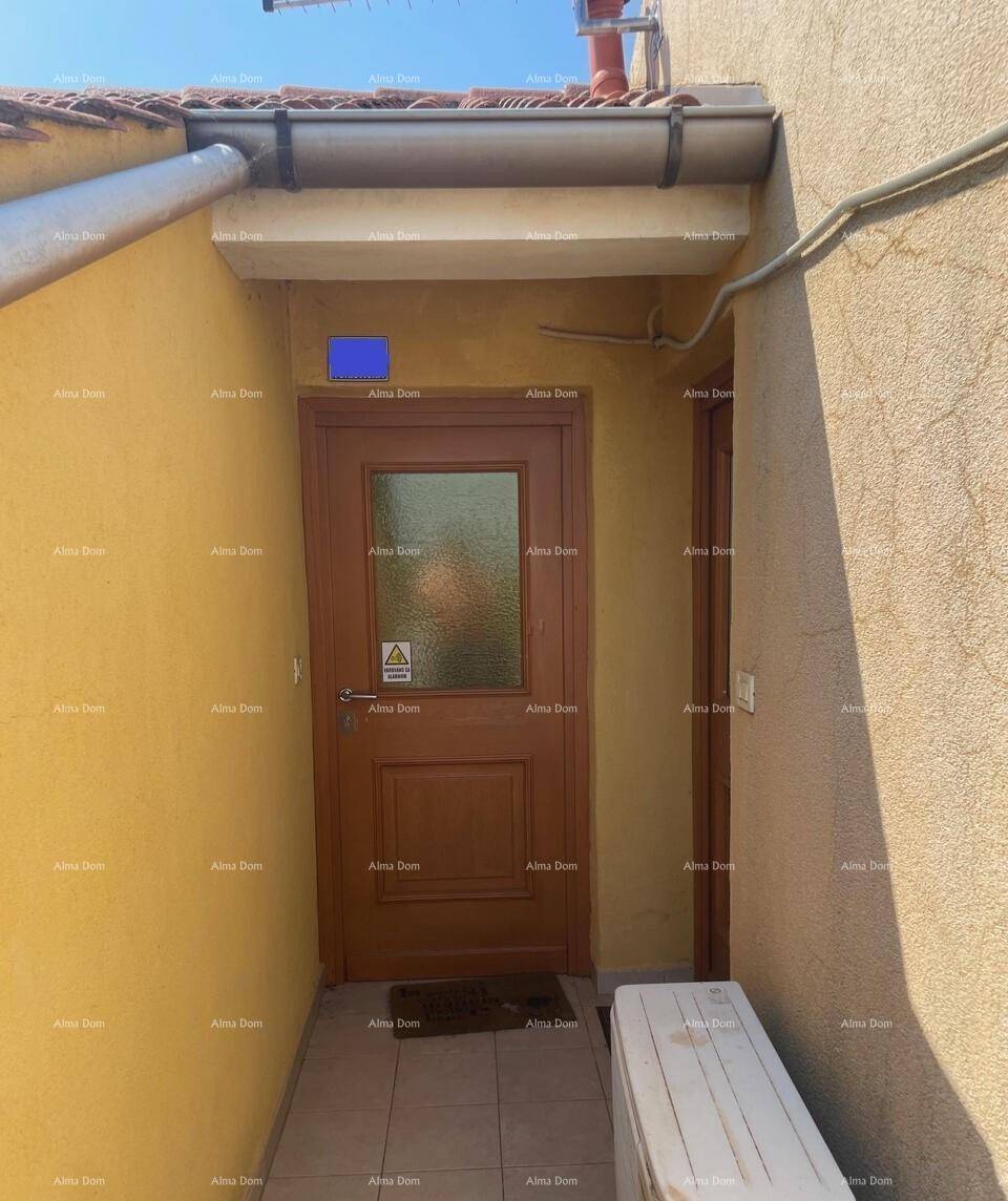Eingangsbereich mit einer Holztür und einer gelben Fassade, geschützt durch ein Vordach.