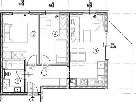 Grundriss einer Wohnung mit fünf Räumen, inklusive Bad, Schlafzimmern und offenem Wohnbereich.