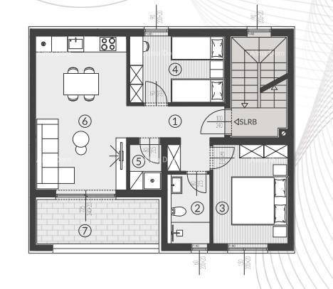Detaillierter Grundriss einer Wohnung mit zwei Schlafzimmern, offenem Wohnbereich und Balkon.