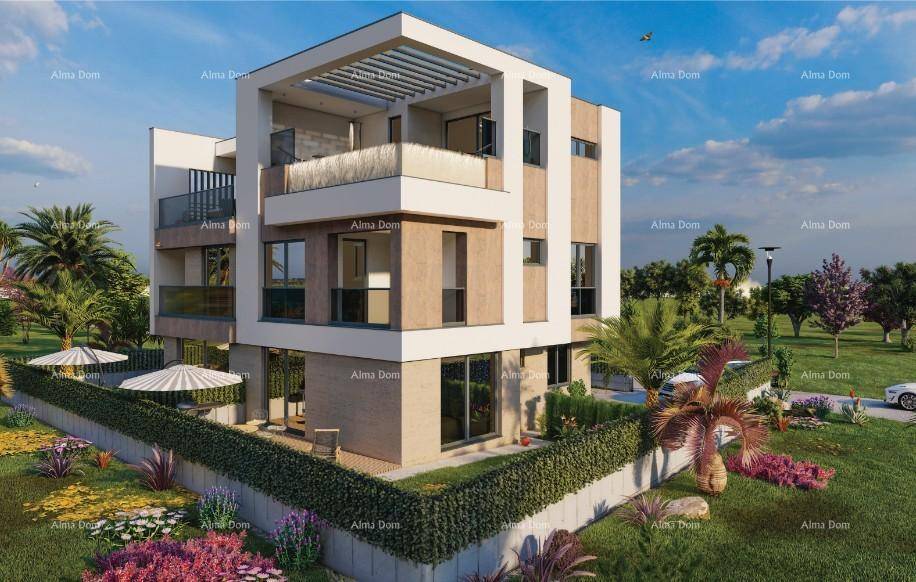 Weitläufige Ansicht der modernen Villa mit gepflegtem Garten und mediterraner Bepflanzung.
